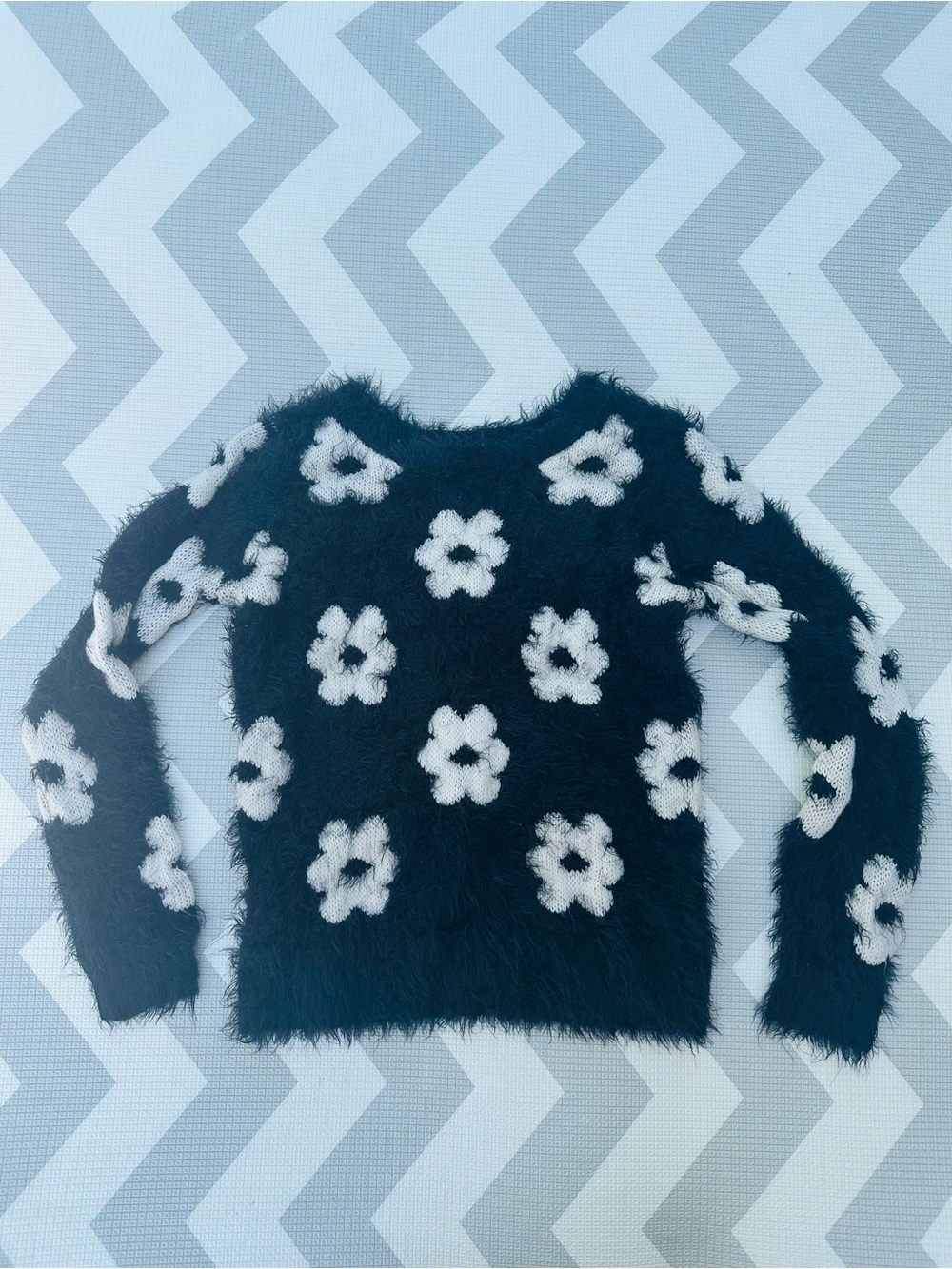 Black Fuzzy Flower-Print Sweater